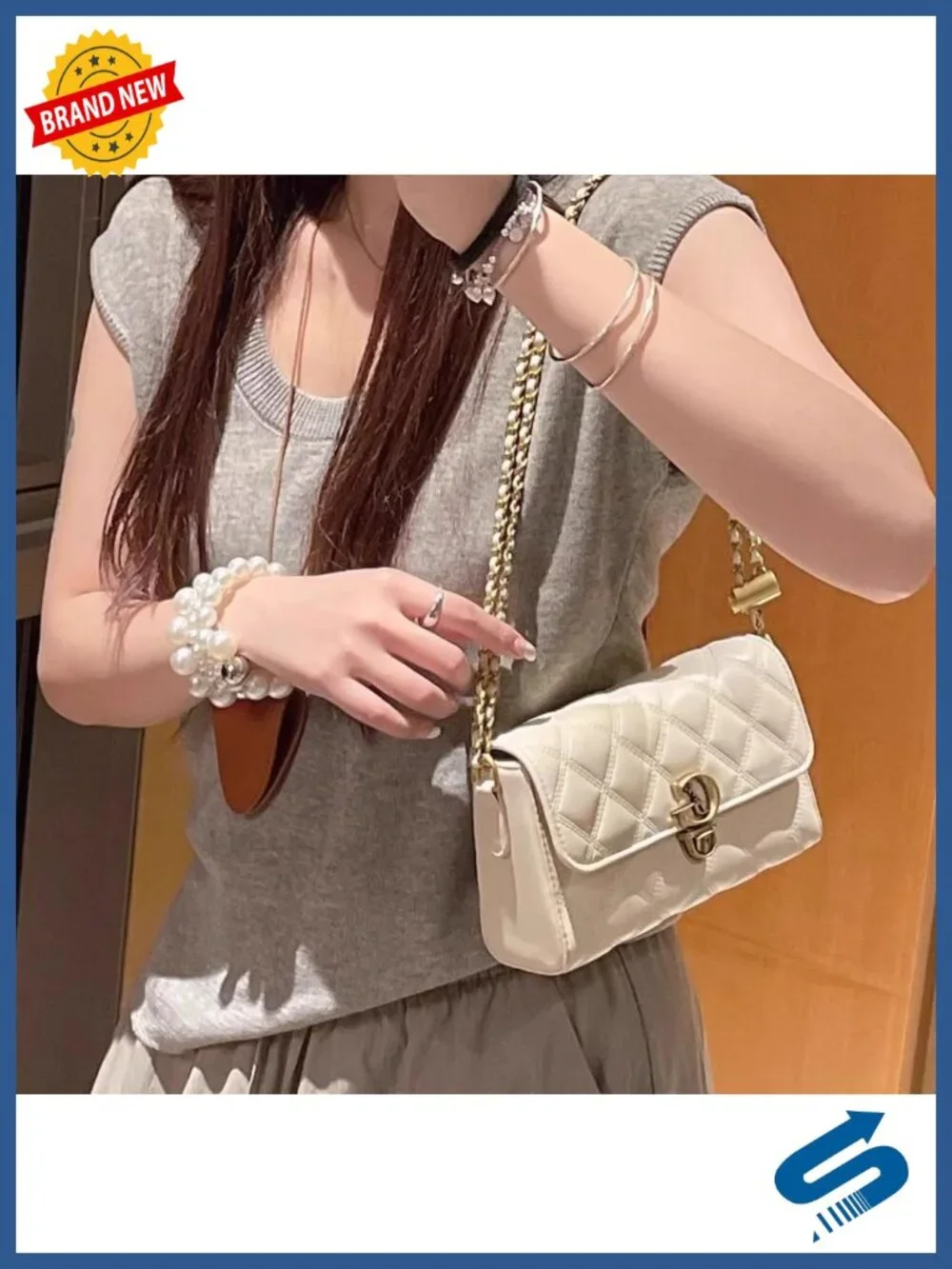 Small Quilted Crossbody Bag with Gold Chain Strap, Mini Top Handle Wallet